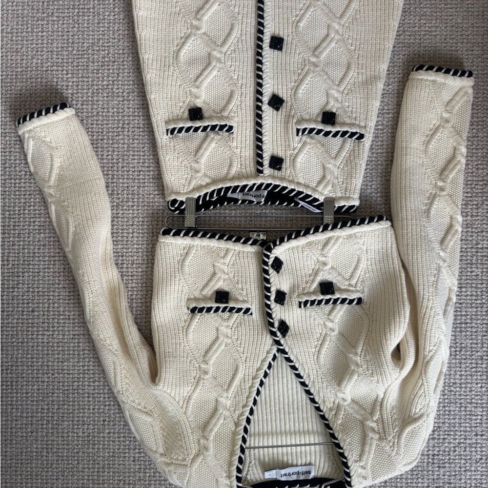 Cream Cable Knit Sweater with Black Trim